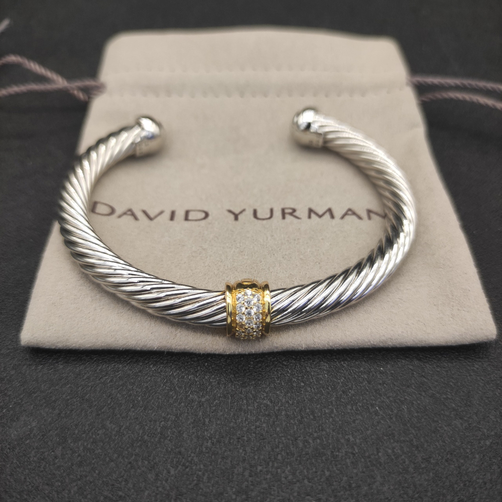 David Yurman 7mm Silver Gold Beaded White Diamond Bracelet